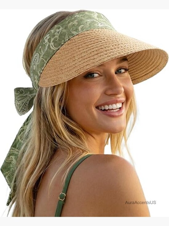 Straw Sun Visor Hat with Bow Ribbon, Adjustable Travel Hat for Women